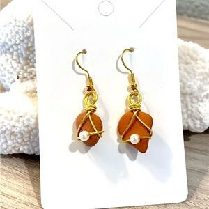 94. Handcrafted Mediterranean sea tile Earrings with Gold Wire and Pearl Accent